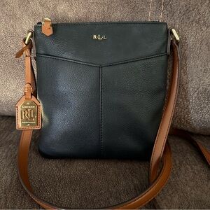 Ralph Lauren Landrey Medium Flat Black & Brown Leather Crossbody Bag Purse